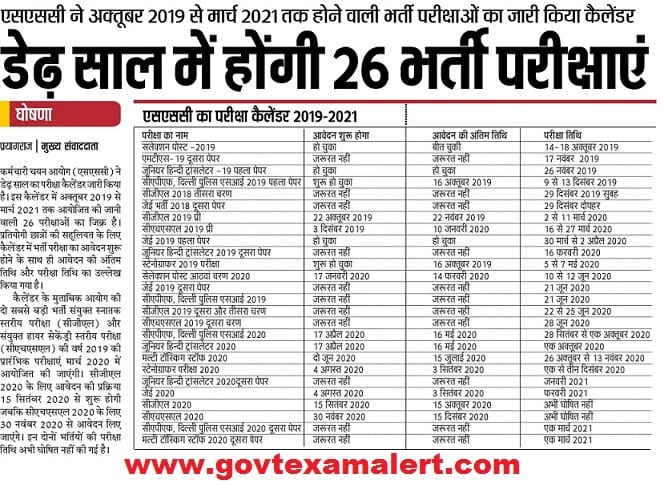 ssc exam calendar 2020
